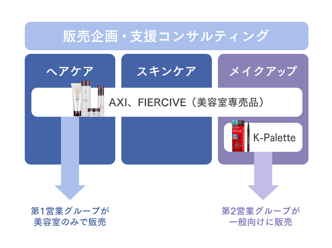 コンサルティング ヘアケア → AXI、FIERCIVE（美容室専売品）第1営業グループが美容室のみで販売 スキンケア メイク → K-Palette第2営業グループが一般向けに販売