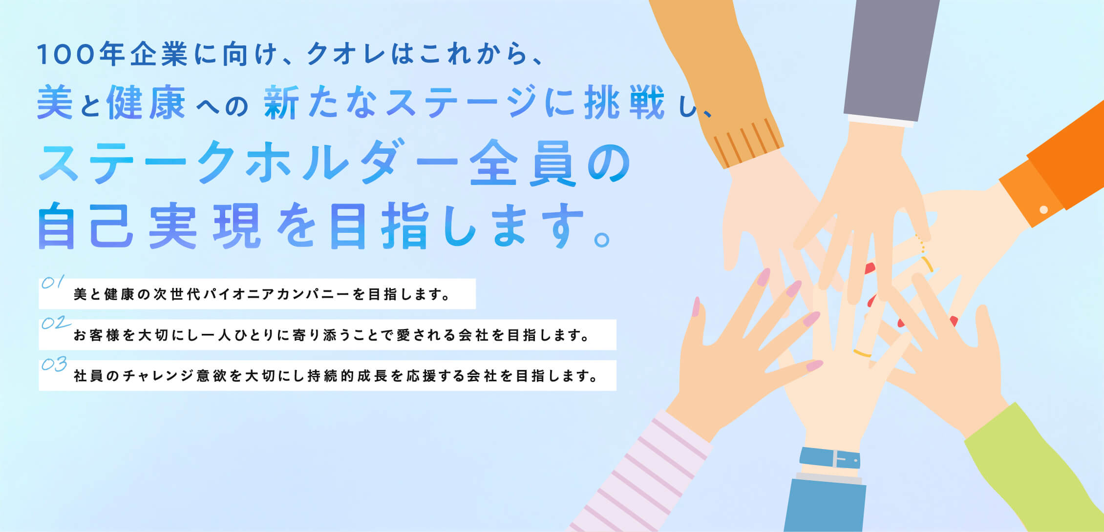 100年企業に向け、クオレはこれから、美と健康への新たなステージに挑戦し、ステークホルダー全員の自己実現を目指します。