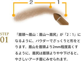 step01 「眉頭〜眉山：眉山〜眉尻」が「2：1」になるように、パウダーでざっくりと形をとります。眉山を眉頭より2mm程度高くするように、眉尻は眉頭よりやや下げると、やさしいアーチ眉にみせられます。