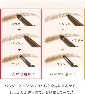 パウダーとペンシルのどちらを先にするかで、仕上がりが違うので、ぜひ試してみて