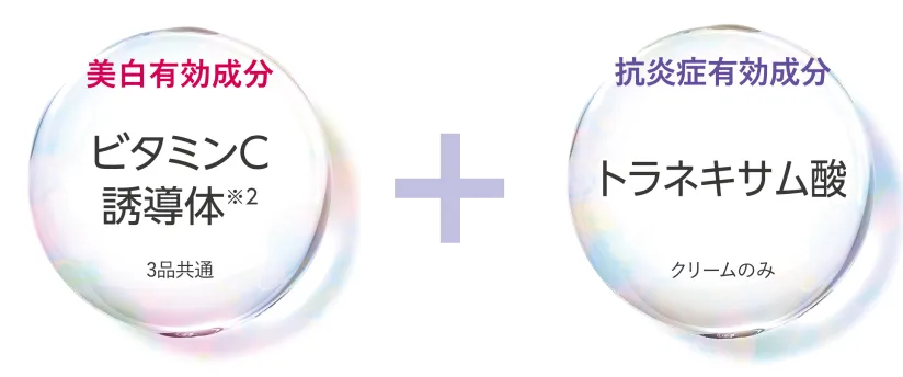 美白有効成分 ビタミンC誘導体（3品共通） + 抗炎症有効成分 トラネキサム酸（クリームのみ）